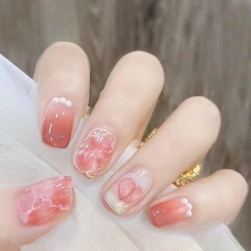 24Pcs/Box Cherry False Nails Pink with Glue Short Ballerina Wearable Fake Nails Acrylic Art Full Cover Press on Nails Tips