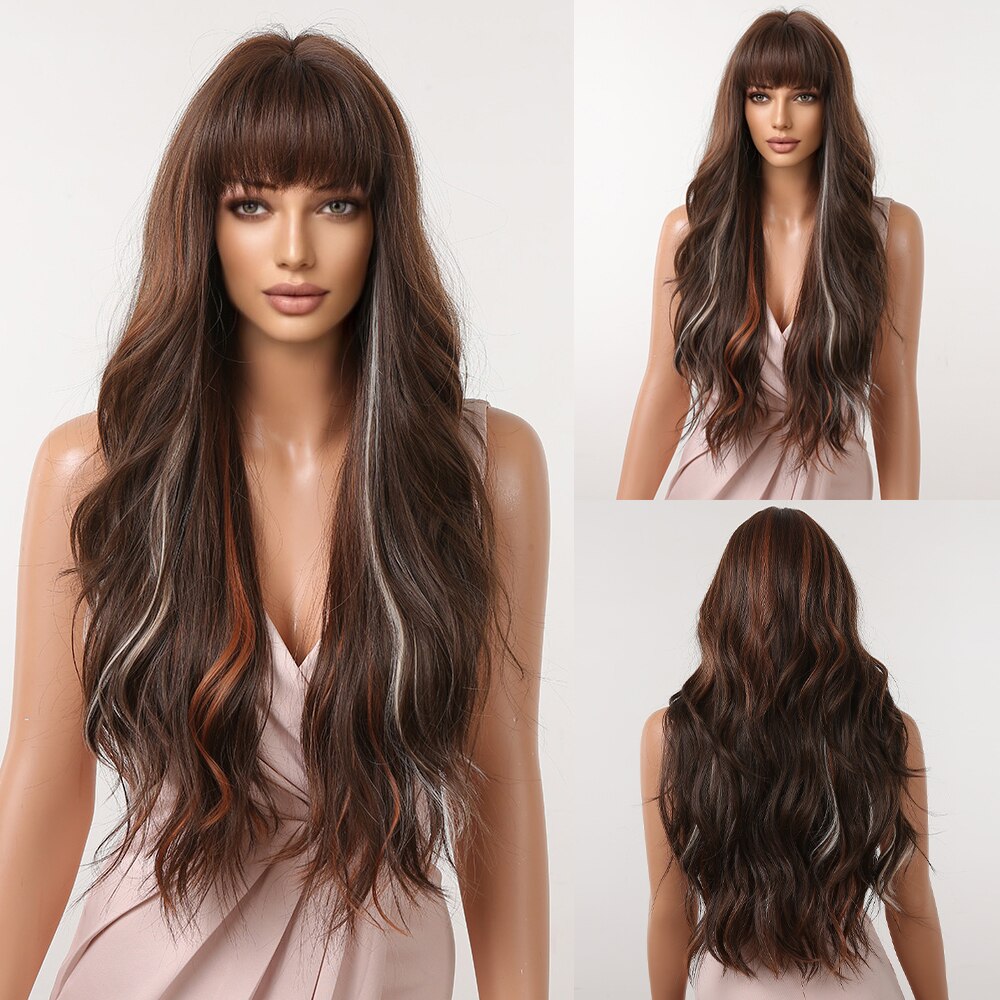 Brown Mixed Blonde Synthetic Wigs with Bang Long Natural Wavy Hair Wig for Women Daily Cosplay Use Heat Resistant