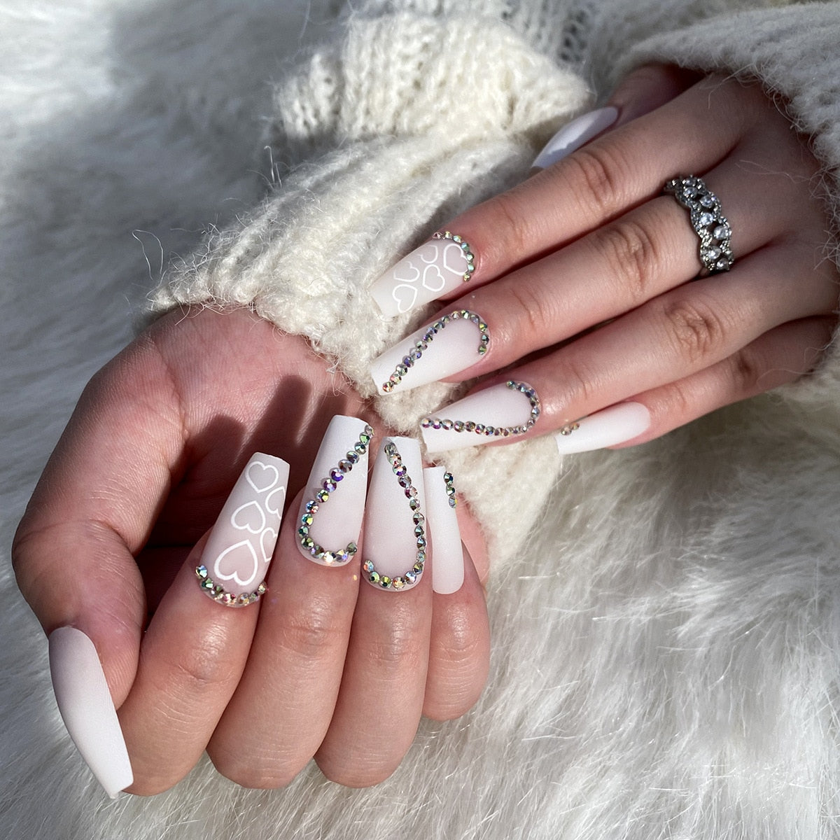 Fake Nails Square 24pcs White French With Rhinestones Artificial Ballerina Nails Manicure Nails Press On Nails False Nails