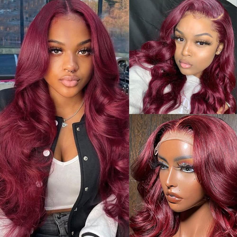 Burgundy Red Synthetic Lace Wigs For Women Red Black Long Body Wave Glueless Pre Plucked Hairline Wig With Baby Hair Cosplay