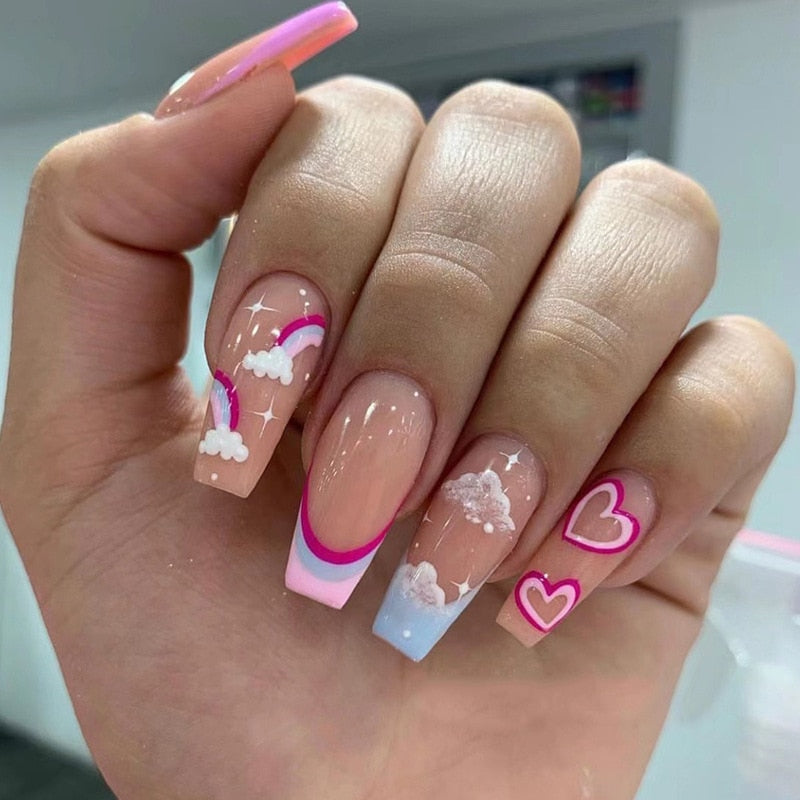 24pc Love designs fake nails with glue sweet heart ballet artificial nails full cover press on nail