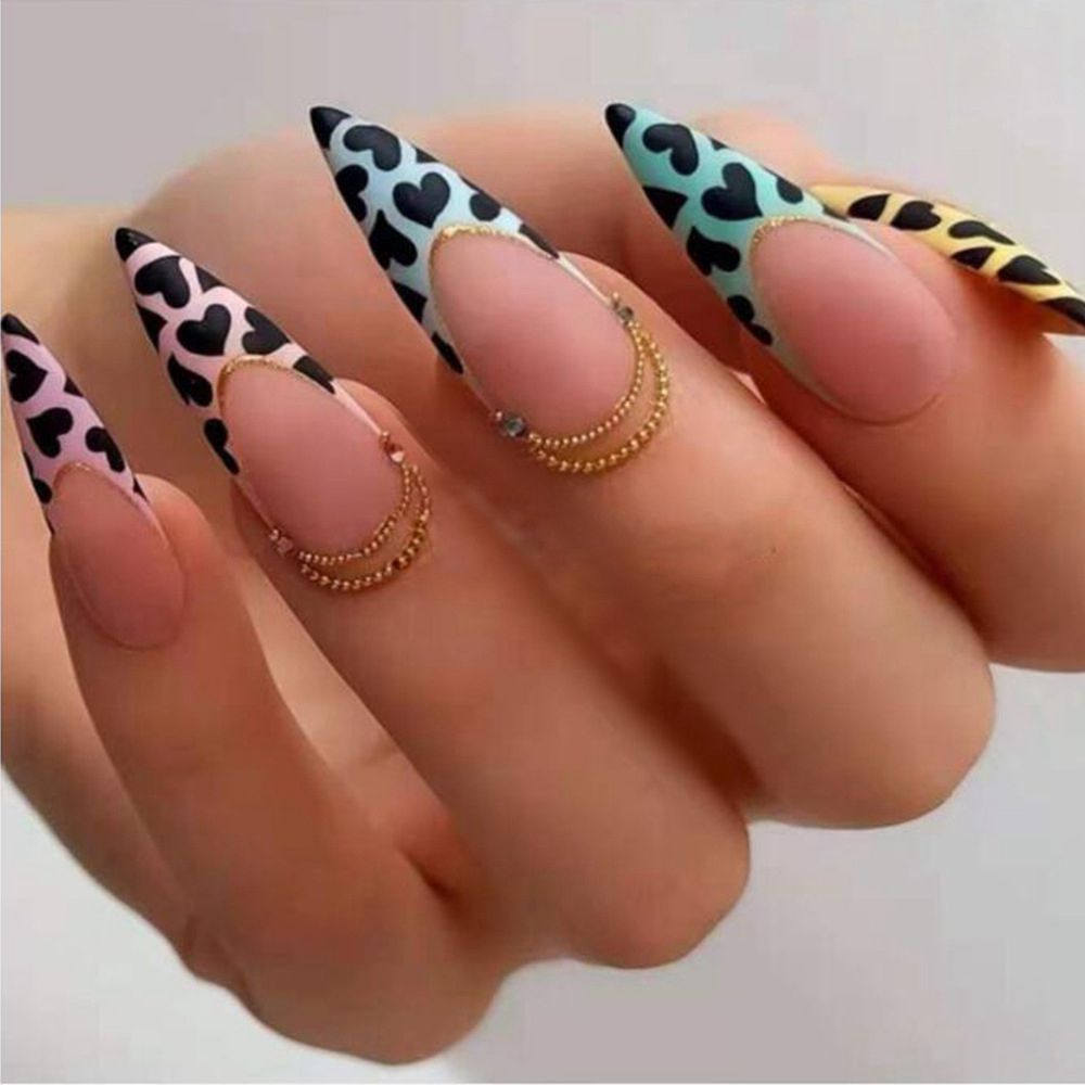 Long Stiletto False Nails with Black Edge French Gold Thread & Black Rhinestones Design Wearable Fake Nail Press on Manicure Tip