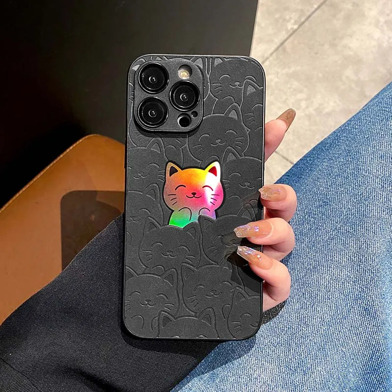 Luxury Cartoon Cats Laser Phone Case for iPhone 11 Pro Max 12 13 14 15 Pro Max 14 Plus Leather Camera Lens Protective Case