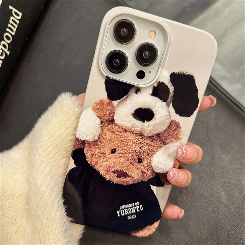 Korean Cute Bear Dog Couple Phone Case For iPhone 15 14 13 12 11 Pro Max Mini X XR 7 8 Plus SE 3 Glossy Shockproof Soft Cover