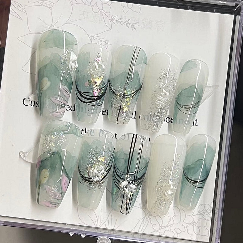 Handmade Mermaid Design Short False Nails Tips Luxury Flower Press On Nail Y2K Reusable Full Cover Coffin Fake Nail With Glue