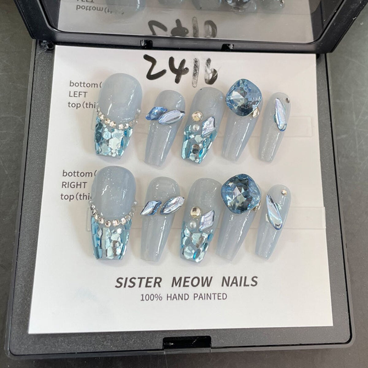 Blue Rhinestone French Style Long T False Nails Patch Finishe Nail Cat’s Eye Gradient Wearing Fake Nail Reused Nail Accessories