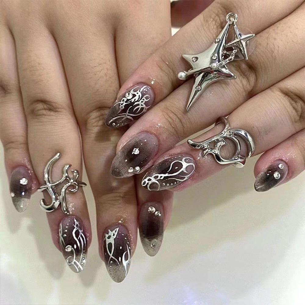 24pcs Stiletto False Nails Star Moon Flame Pattern Press on Nail Patch Full Finished Wearable Artificial Fake Nail Tips