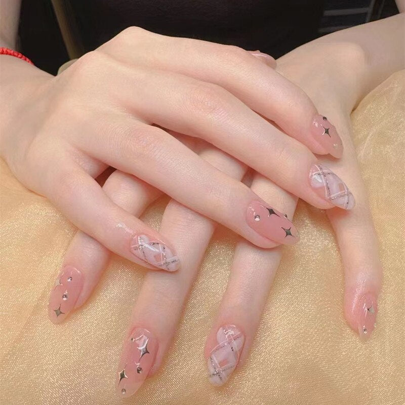 Fake Nails Sets Press on Ballet False Nails with Flower Designs Removable Acrylic Artificial Nails Glitter Nails Art Long Tips