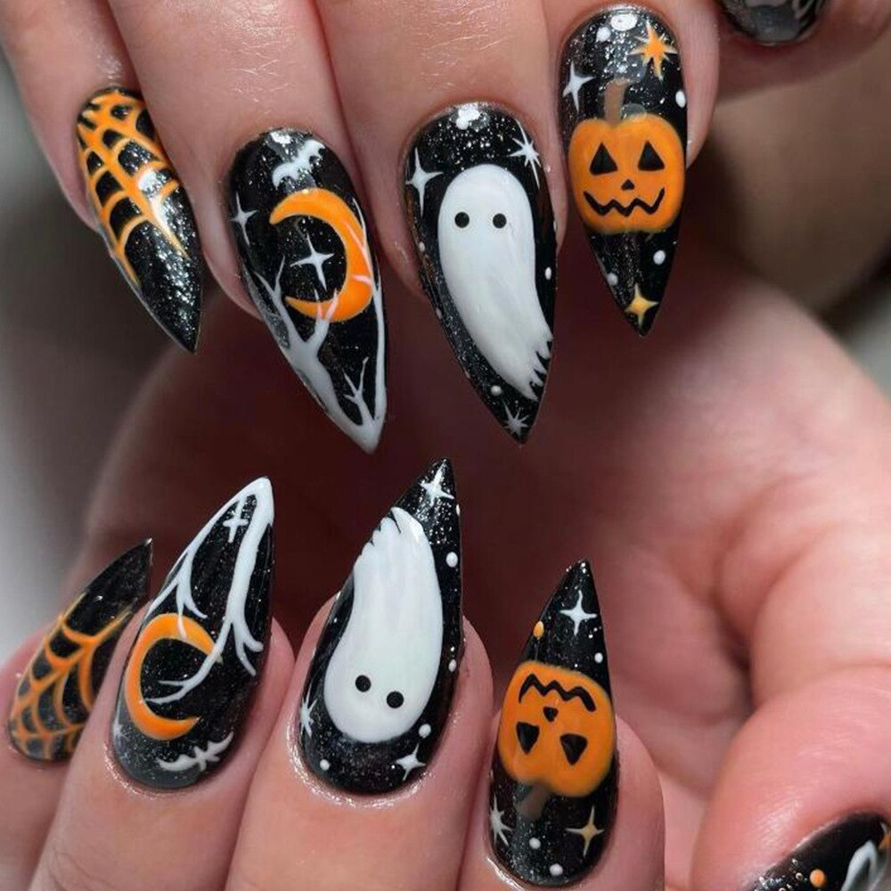 24Pcs Halloween Black Ghost Long Ballet False Nails With Heart Blood Design Halloween Press On Nails Detachable Full Cover Nails