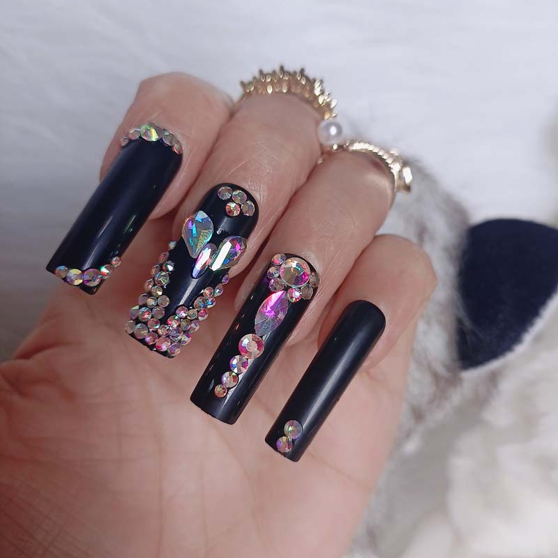 24pcs luxury jewelry long ballet coffin fake nails crystal diamond sexy black