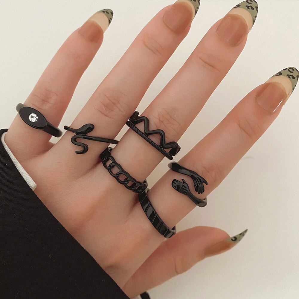 22pcs Heart Black Rings Set For Women Vintage Geometric Cross Pearl Butterfly Finger Rings Women Party Jewelry