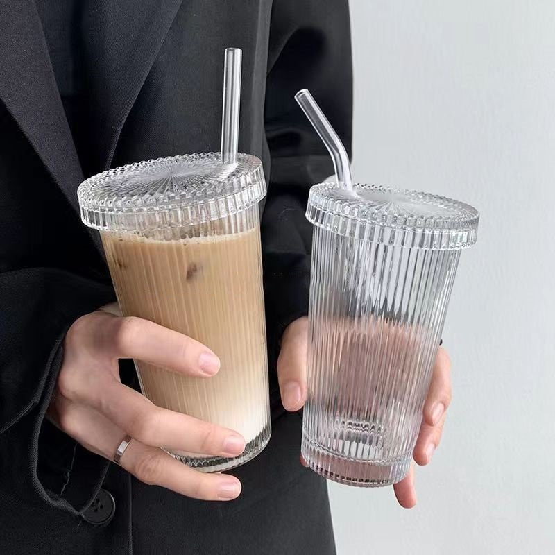 375Ml Stripe Glass Cup with Lid Straw Japanese Style Drinking Chic Mugs Milk Coffee Drinkware Tea Gifts whiskey Glasses