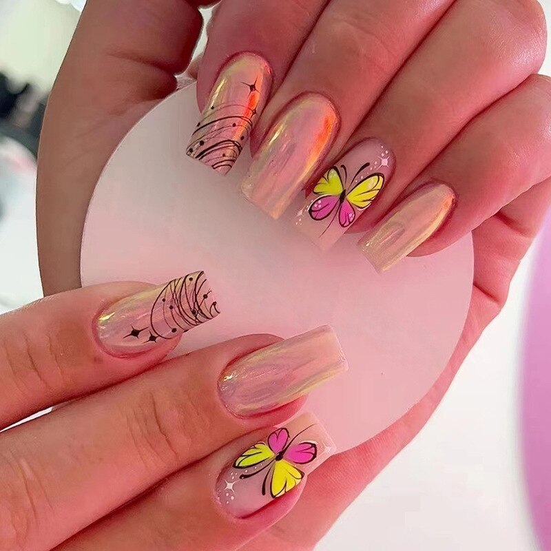 24pcs False Nails with glue flower design Long Coffin French Ballerina Fake Nails Full Cover acrylic Nail Tips Press On Nails