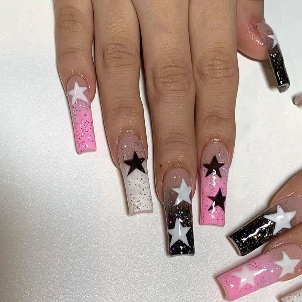 Pink Cow Design False Nail French Full Cover Long Coffin Fake Nails Glue DIY Manicure Nail Art Tools press on nails nail tips