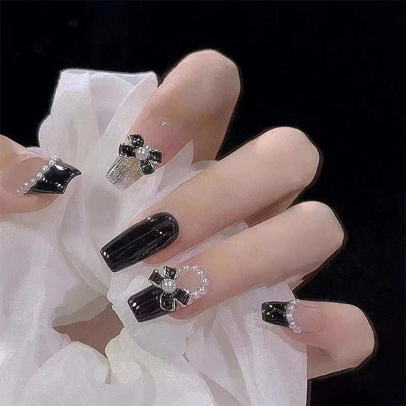 Fake Nails Sets Press on Ballet False Nails with Flower Designs Removable Acrylic Artificial Nails Glitter Nails Art Long Tips