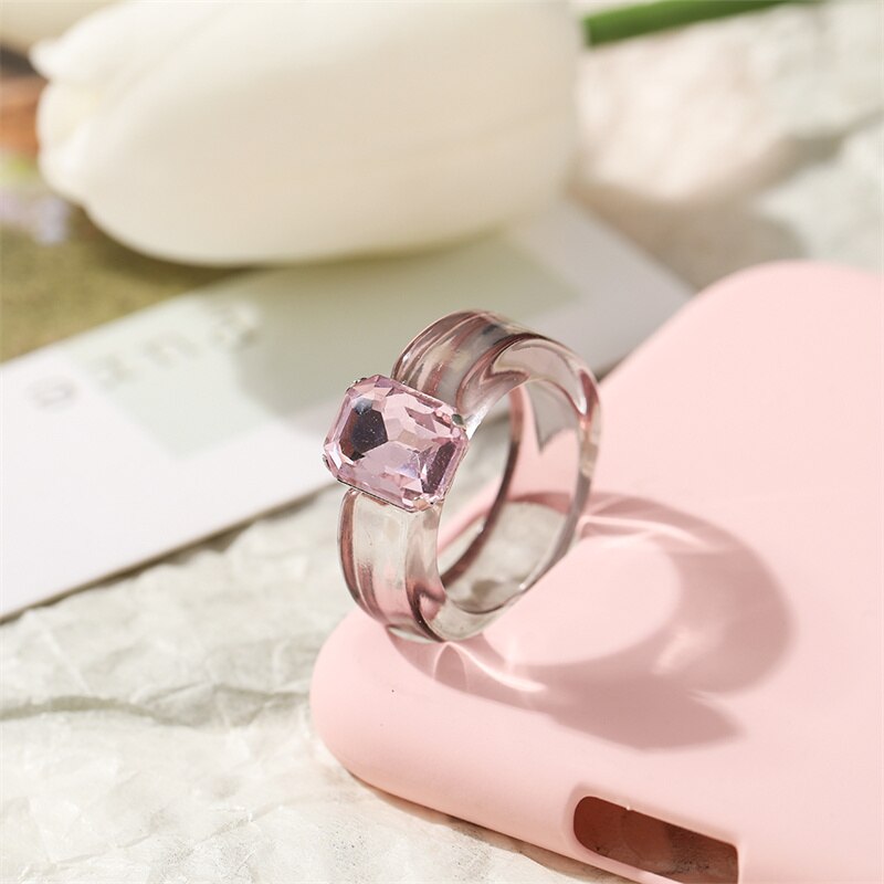 Colorful Transparent Resin Acrylic Crystal Rhinestone Simple Geometric Square Round Rings Set Jewelry