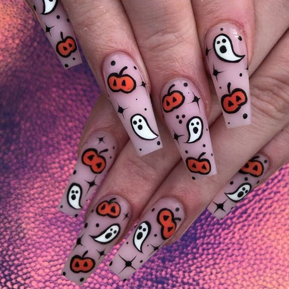 24Pcs Halloween Black Ghost Long Ballet False Nails With Heart Blood Design Halloween Press On Nails Detachable Full Cover Nails