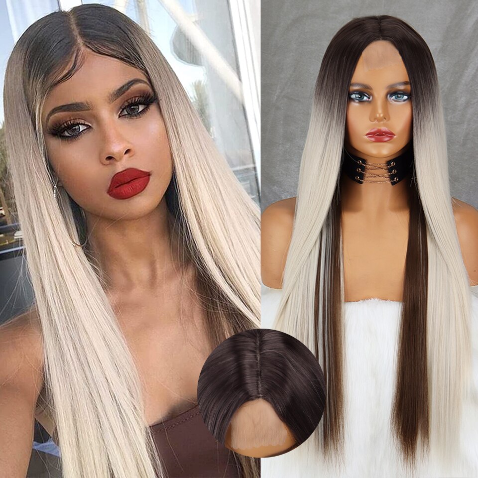 Long Straight White Natural Wigs Middle Part Heat Resistant Synthetic Wigs Suitable for African Women Daily Cosplay Halloween Wig