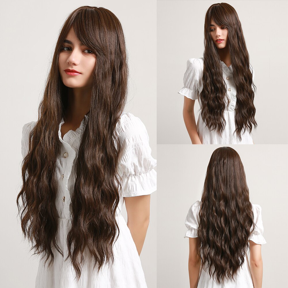 Brown Mixed Blonde Synthetic Wigs with Bang Long Natural Wavy Hair Wig for Women Daily Cosplay Use Heat Resistant