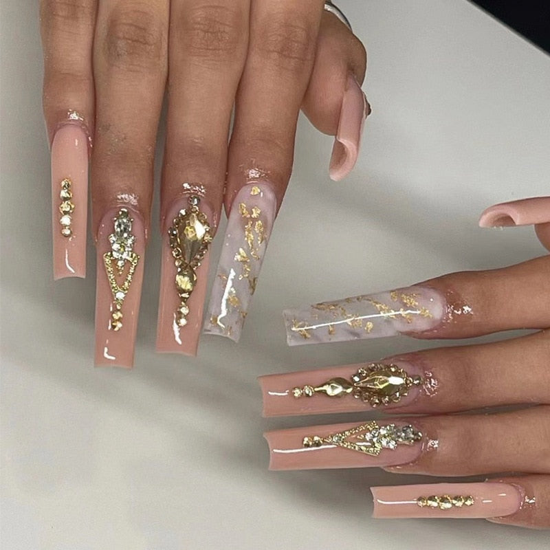 24Pcs Long Coffin False Nails with Glue Wearable Brown Fake Nails with   Rhinestones Ballet Press on Nails Full Cover Nail Tips