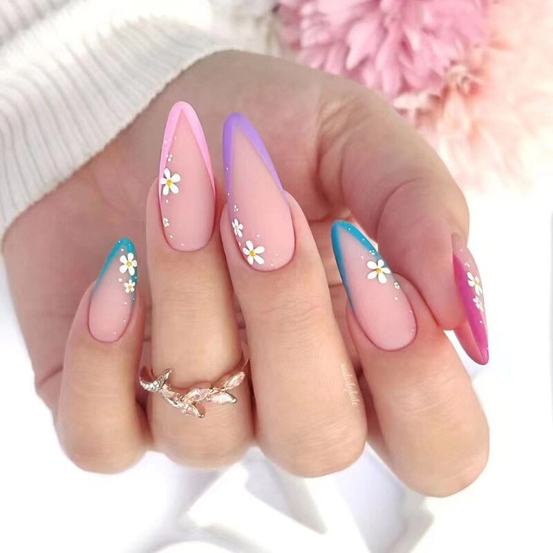 24pcs Detachable Almond French False Nails Glitter Design Press on Nails Fake Nials DIY Manicure Nail Tips