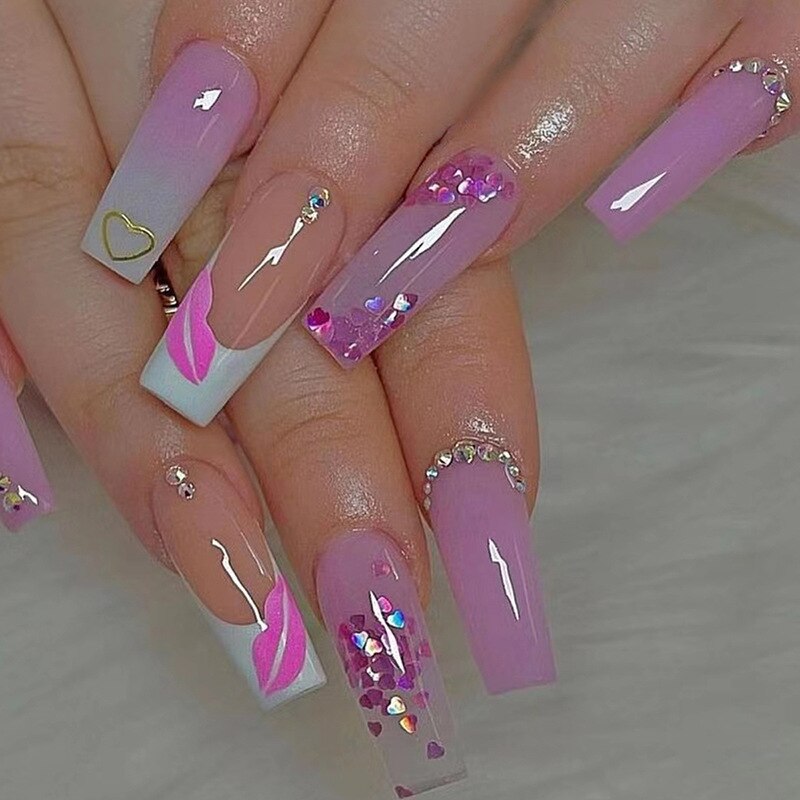 24Pcs White Long Coffin False Nails Glitter Ballet Wearable with French Design Fake nails Full Press on Nail Ins Nail Tips Art