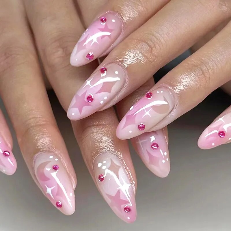 24Pcs Pink Round Head Almond Fake Nails with Heart Shape Rhinestone Wearable Ballerina False Nail Tips Full Cover Press on Nail