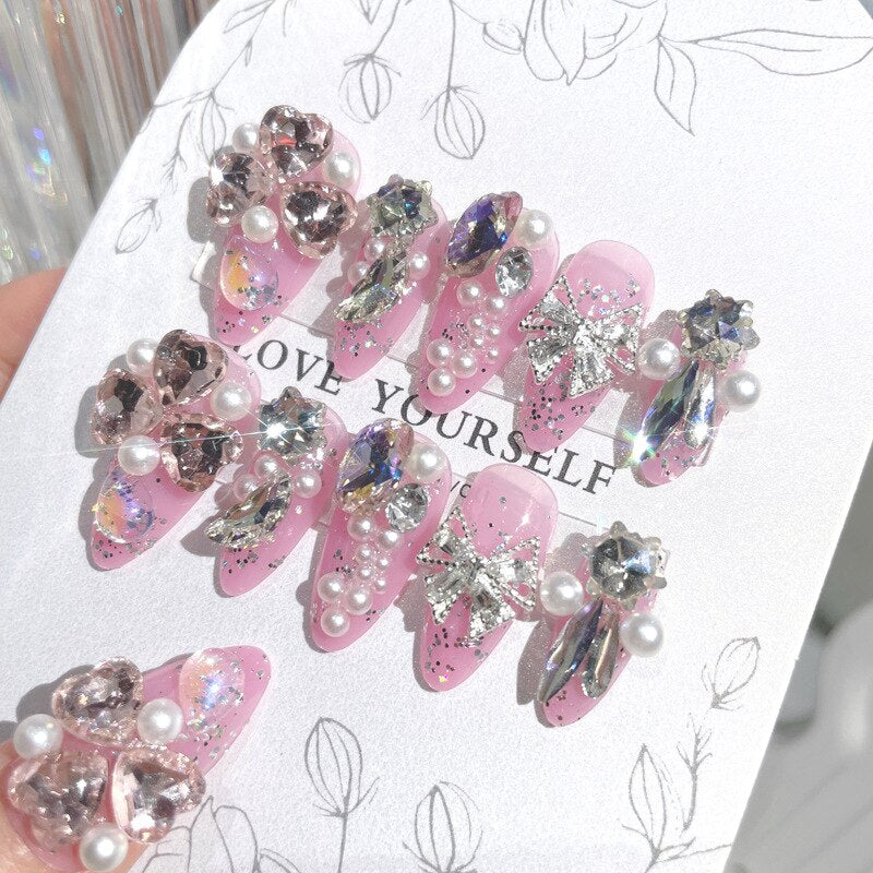 24Pcs/box Luxe Shining Rhinestone Wedding False Nails Transparent Glitter Gems Crown Designed Square Full Short nails Bride