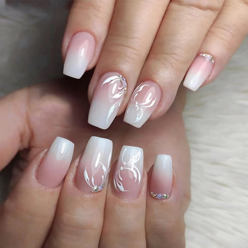 24pcs wearable french gradient pink white press on nails coffin ballet simple classic french artificial fake nails with glue