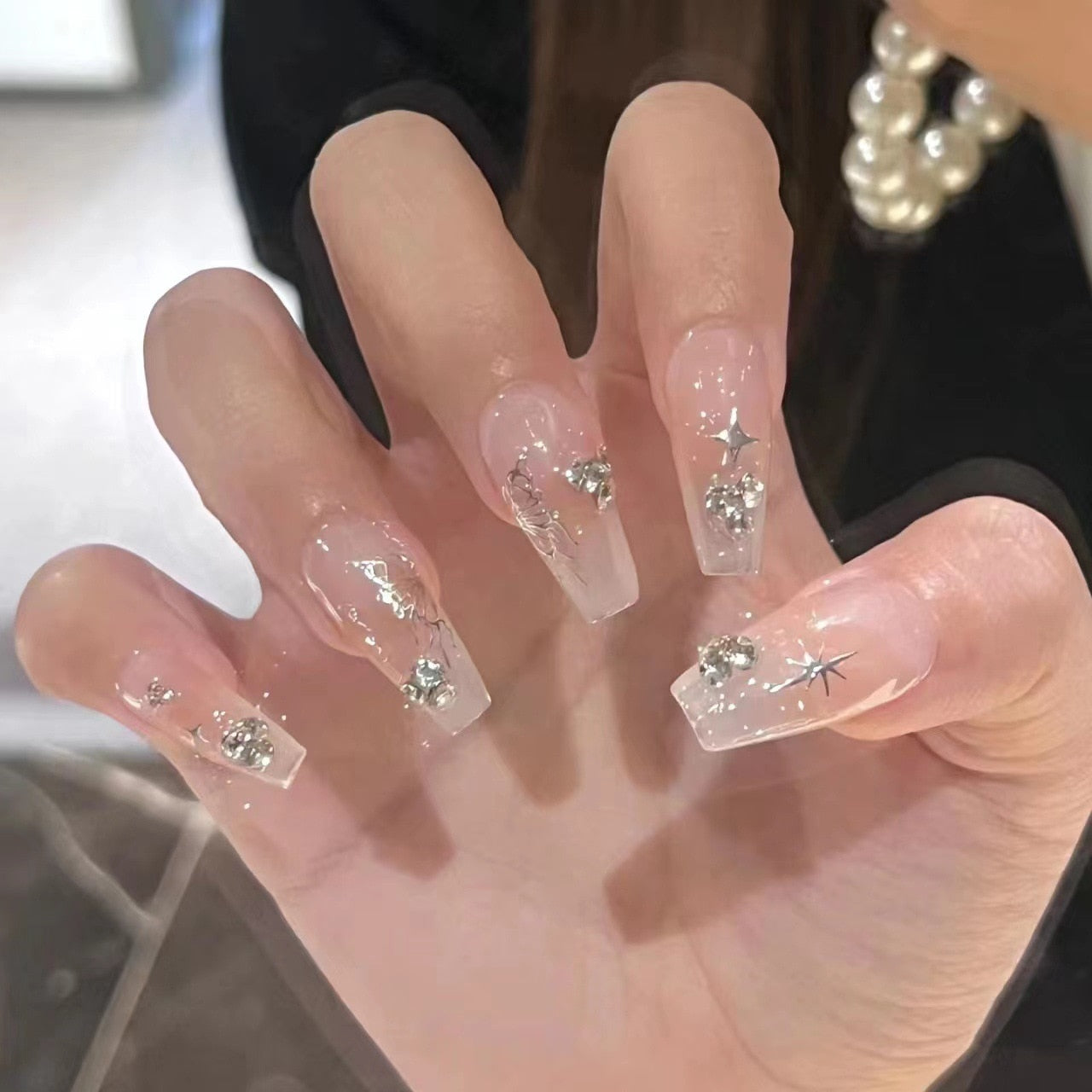 24pcs Wearable korean press on nails short ballet Artificial Nails with glue Cute sweet cool Pearl diamond Designs Fake Nails