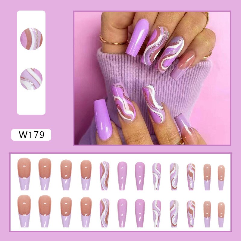 24Pcs Long Coffin False Nails Gold Glitter Sequins Designs Press On Full Cover Fake Nails Tips Wearable Manicure Art