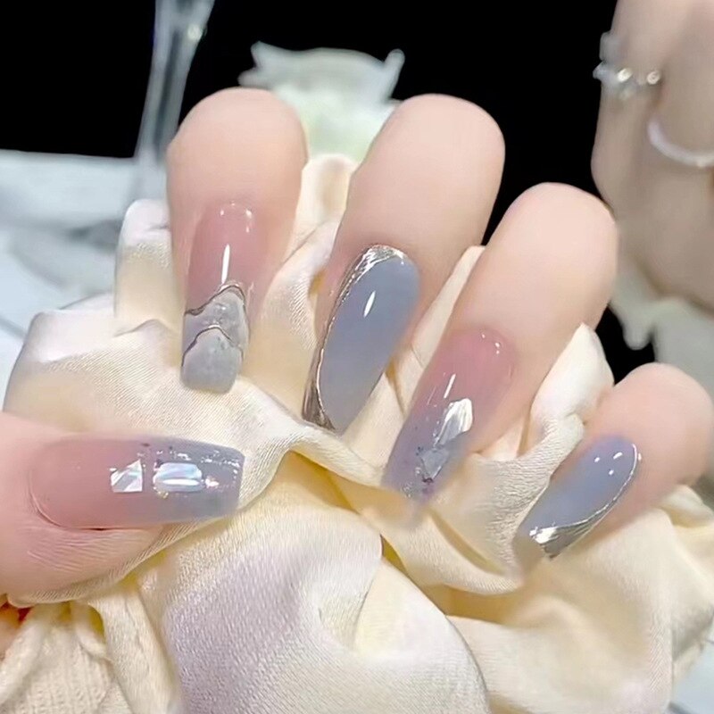 24pc Nude Fake Nails With Design Pearl crystal butterfly full cover white ribbon false nails with glue artificial press on nails