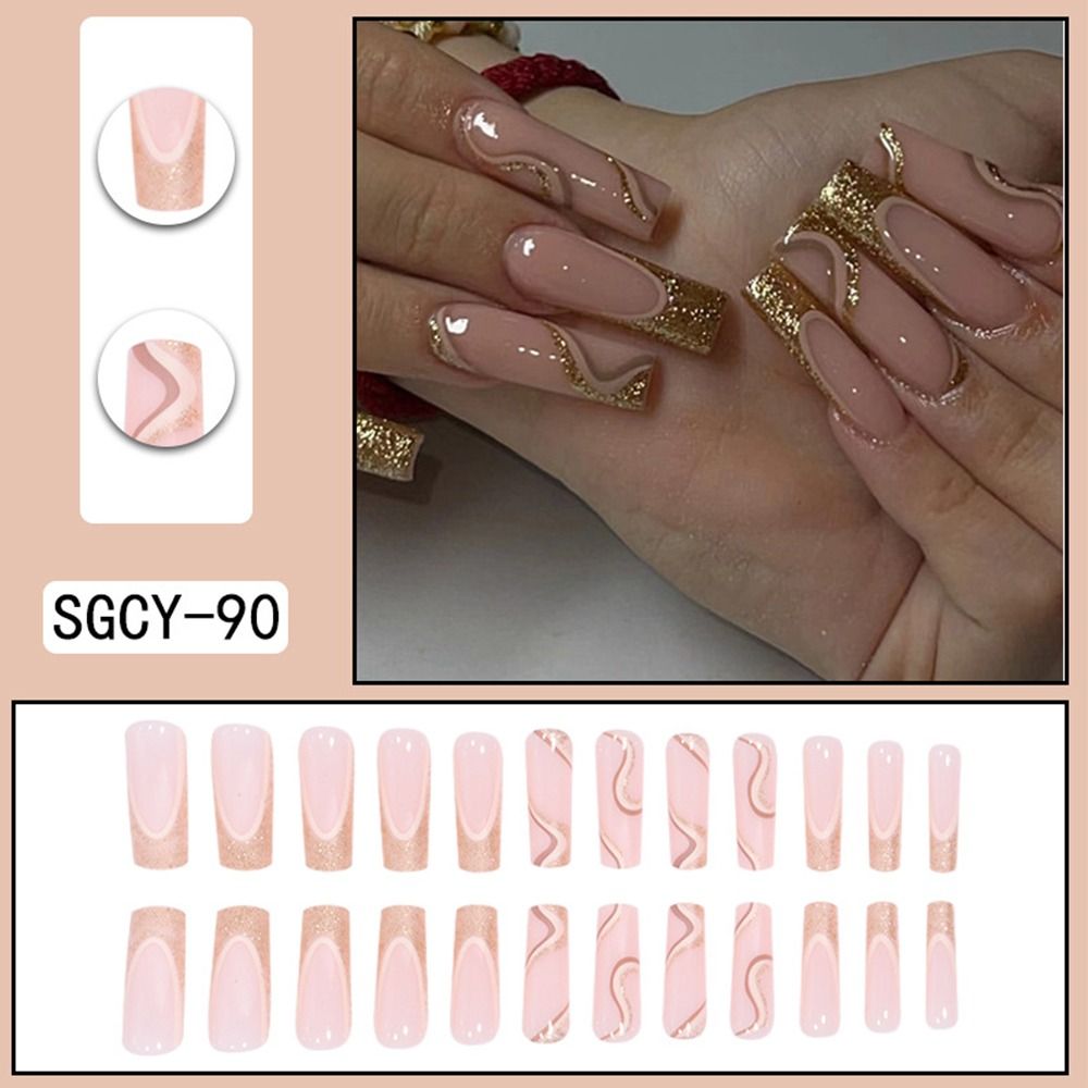 24Pcs Long Coffin False Nails Gold Glitter Sequins Designs Press On Full Cover Fake Nails Tips Wearable Manicure Art