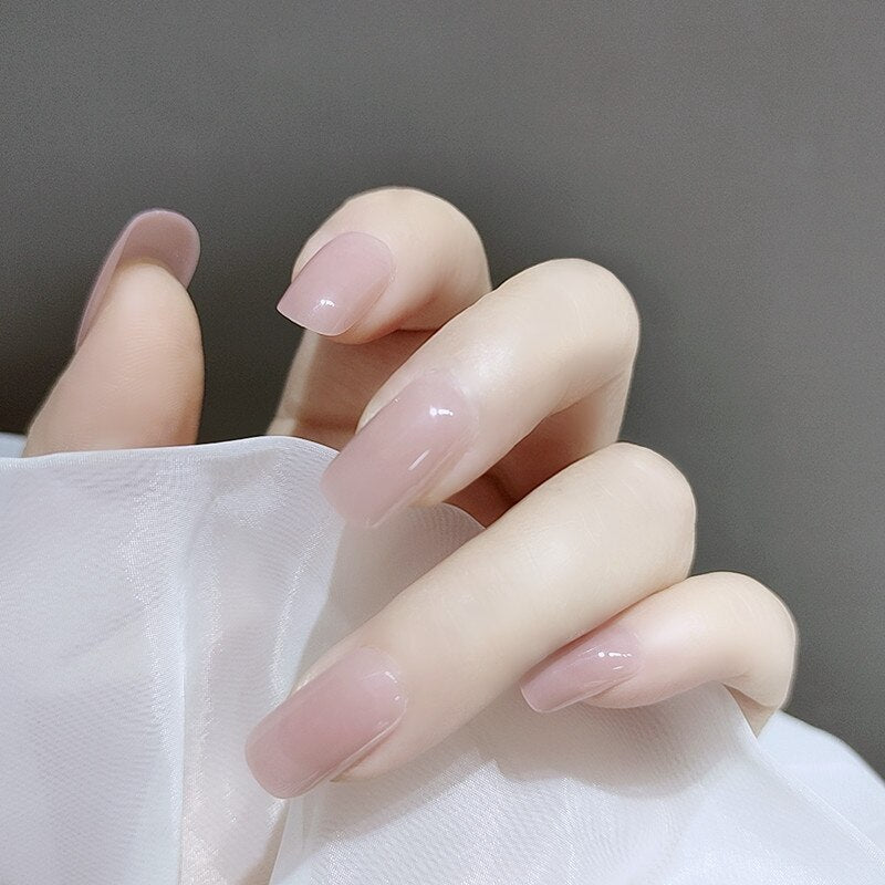 24pcs/Box Long Coffin False Nails Art Rose with Glue Wearable Nude Pink White Color Jelly Nails Tips Full Cover Press On Nails