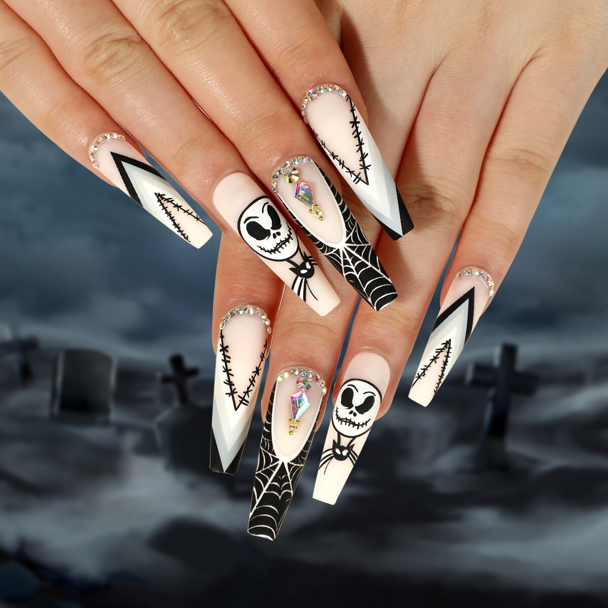 24Pcs Halloween False Nails Long Ballet Fake Nails with Ghost Cobweb Design Pink French Coffin Full Cover Press on Nail Tips