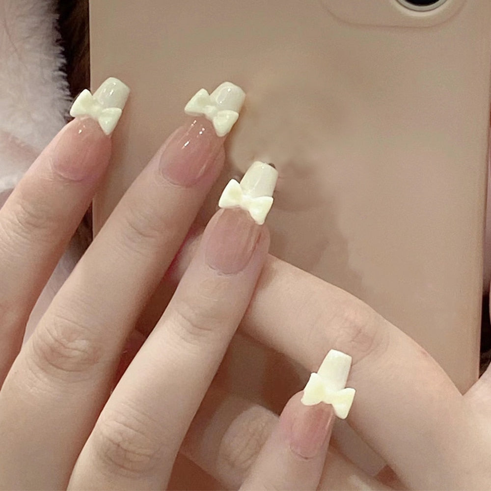 24Pcs French Coffin Pearl Bow False Nails Artificial Ballerina Fake Nails Full Cover Nail Tips Press On Nails With Press Glue