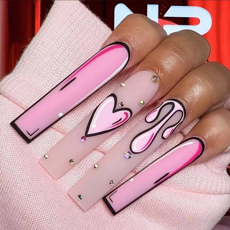 24Pcs Full Cover False Nails with Glue Long Square Coffin Fake Nails French Detachable Ballet Love Pattern Design Press on Nails