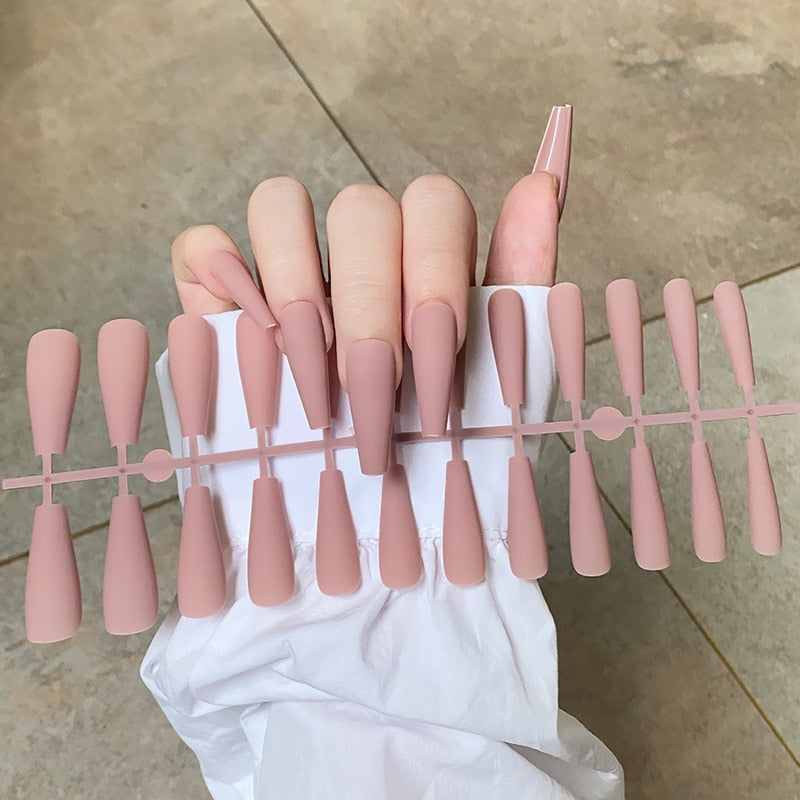 24Pcs/Sheet Matte Fake Nails Full Cover Ballet Fake Nail Elegant Solid Color Long Coffin False Nails Art Artificial Fingernails