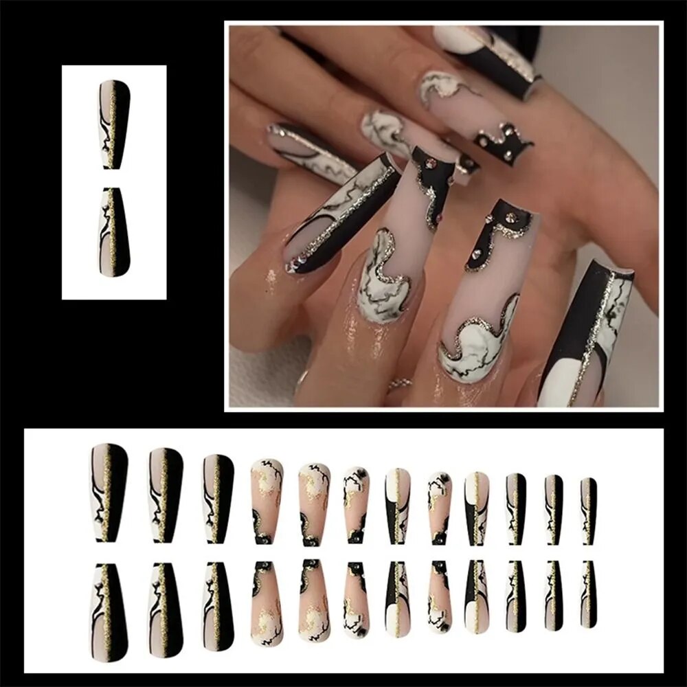 24Pcs Long Coffin False Nails Gold Glitter Sequins Designs Press On Full Cover Fake Nails Tips Wearable Manicure Art