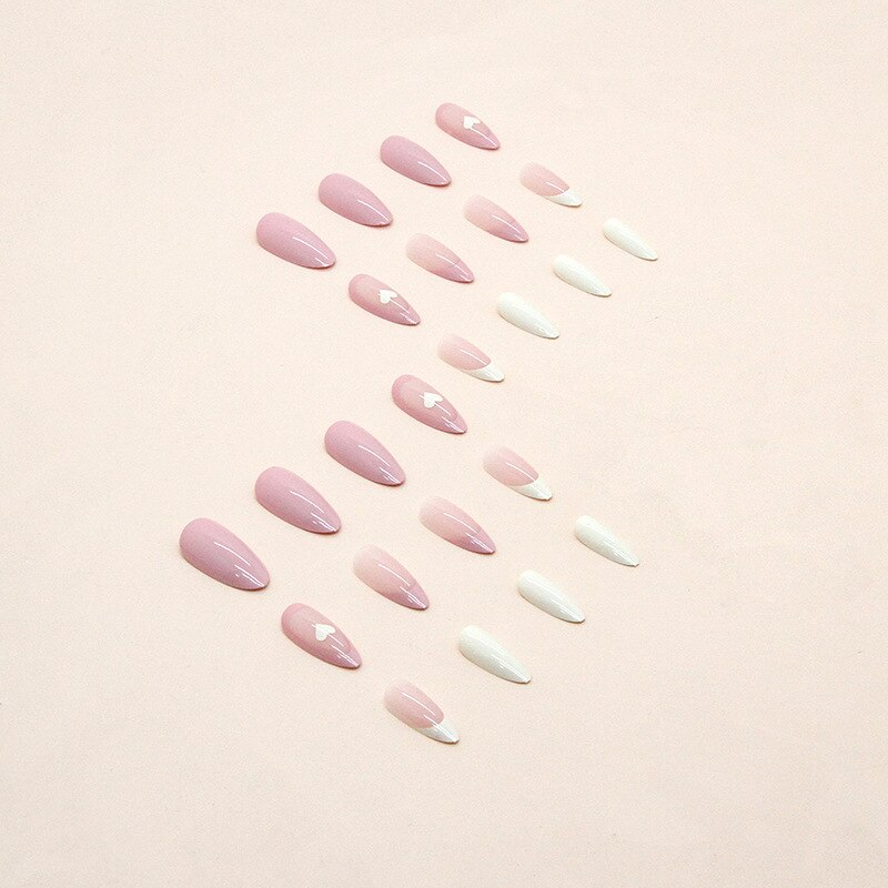 24pc cute pink heart y2k french fake nails with glue press on acrylic nails almond cream white ins artificial nails