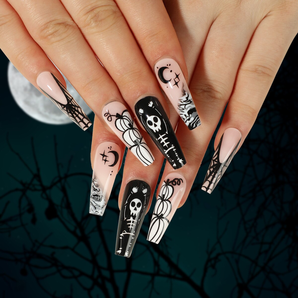 24Pcs Halloween False Nails Long Ballet Fake Nails with Ghost Cobweb Design Pink French Coffin Full Cover Press on Nail Tips