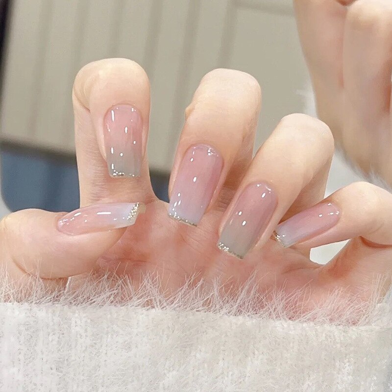 24pcs/box gradient French artifical nails with glue shiny star Fake Nails Lovely Girl korean press on nails ballerina False Nail