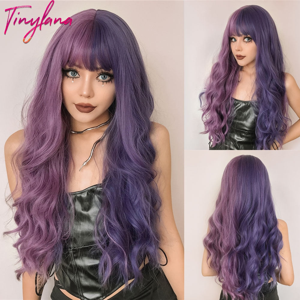 Purple Pink Long Wavy Synthetic Wig with Bangs Cosplay Christmas Halloween Hair Two Tone Ombre Wig For Women Heat Resistant