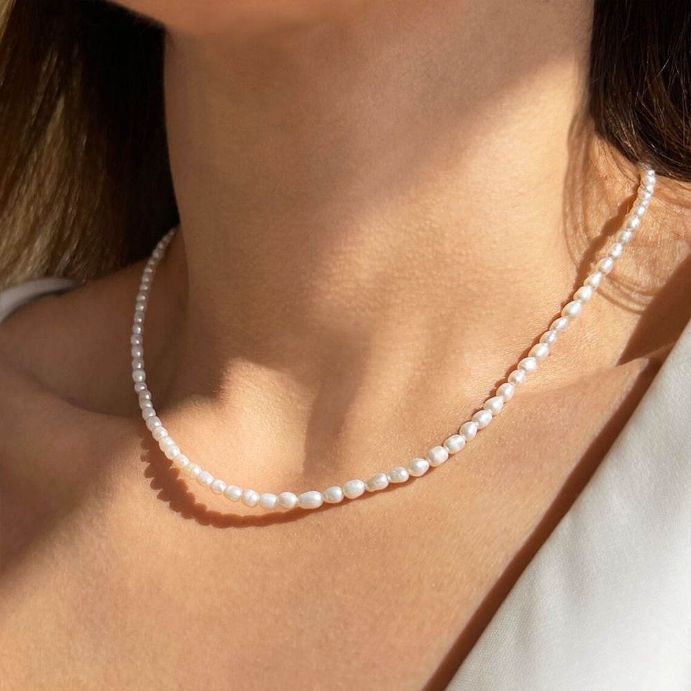 3MM Imitation Pearl Necklace Oval White Stainless Steel Necklace Women's Collarbone Chain