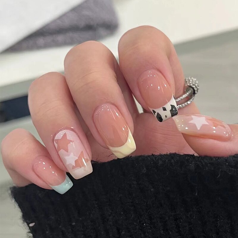 24pcs removeable y2k false nails with heart designs full cover french fake nail patch acrylic press on nails stick on white nail