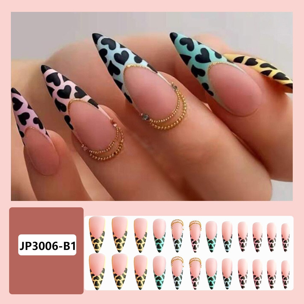 24pcs Long Stiletto False Nails Flower Tree Wearable French Fake Nails Press On Nails Leopard print Design Manicure Tips