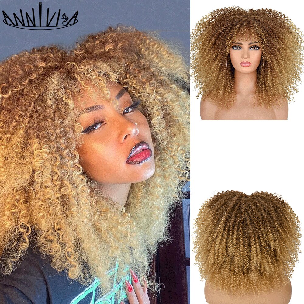 Short Hair Afro Kinky Curly Wigs With Bangs For Black Women Fluffy Synthetic African Ombre Glueless Brown Blonde Cosplay Wigs