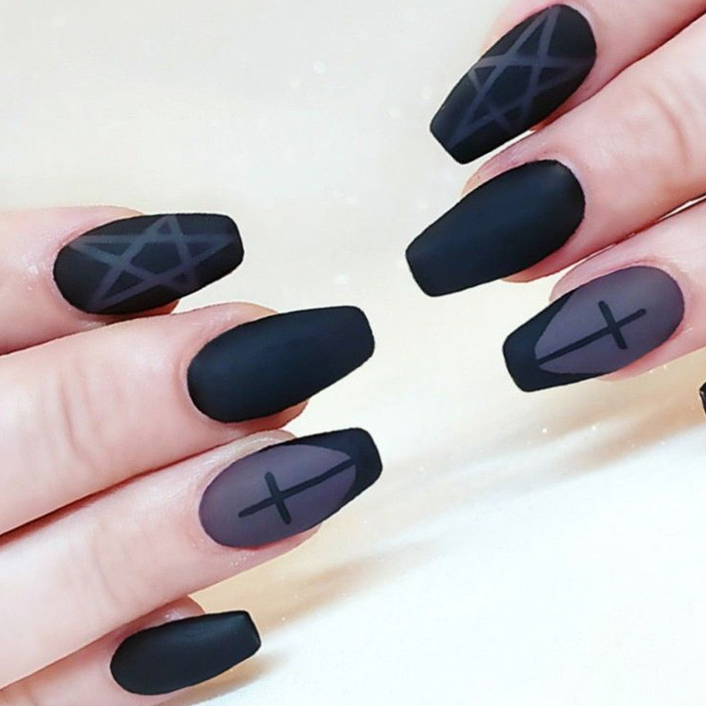 24Pcs Halloween Black Ghost Long Ballet False Nails With Heart Blood Design Halloween Press On Nails Detachable Full Cover Nails