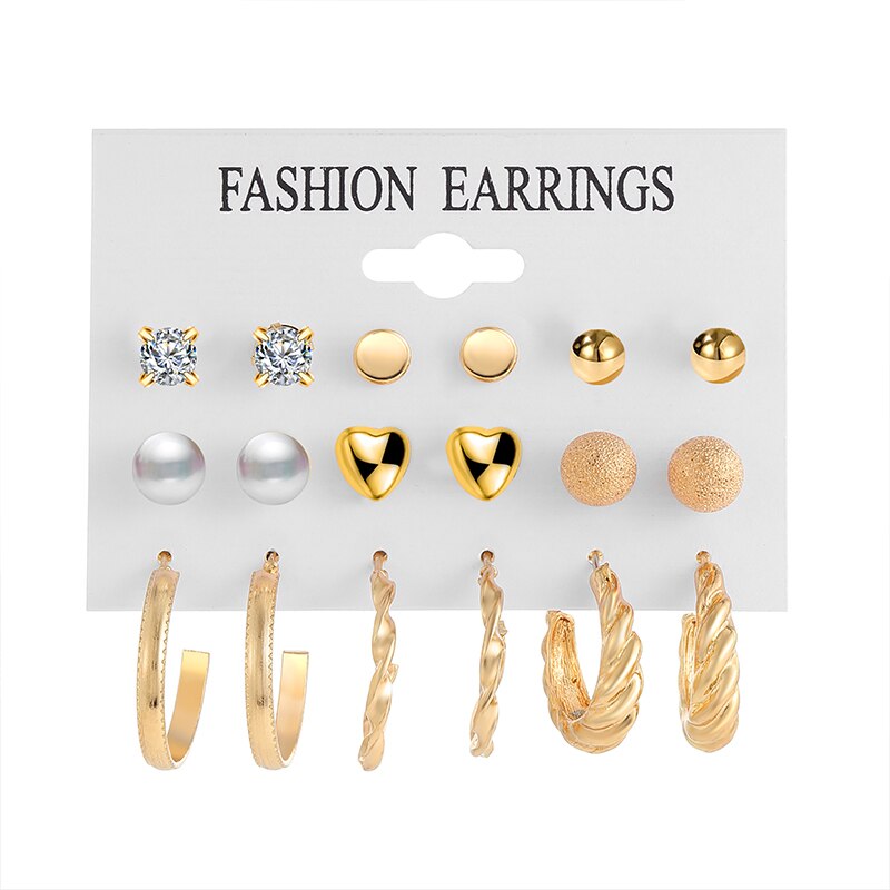 17KM Gold Color Twist Hoop Earrings Set for Women Girls Heart Pearl Metal Earring