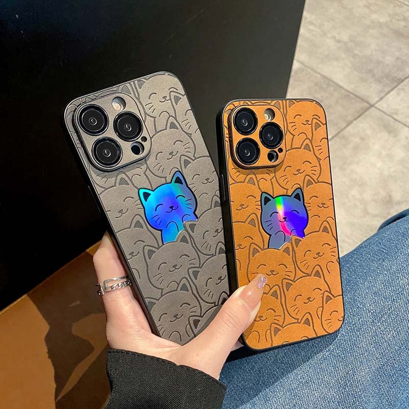 Luxury Cartoon Cats Laser Phone Case for iPhone 11 Pro Max 12 13 14 15 Pro Max 14 Plus Leather Camera Lens Protective Case